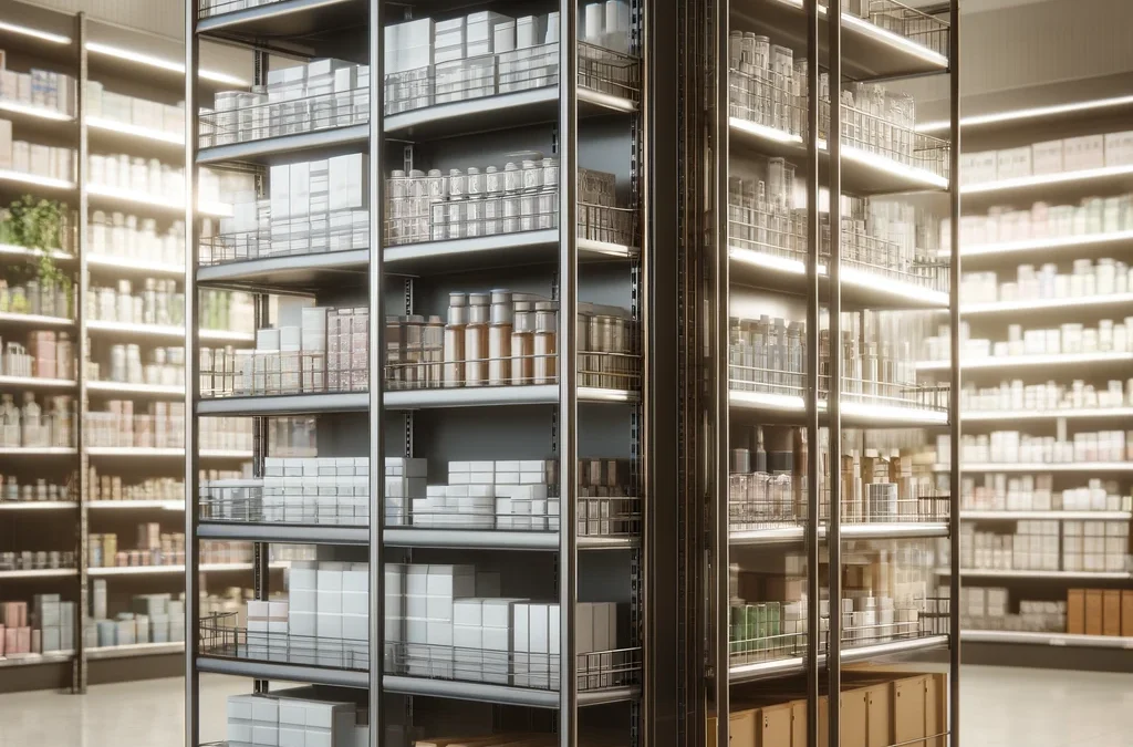 Tienda minorista bien organizada con anaqueles de metal modernos y duraderos, mostrando diversos productos de manera ordenada. El ambiente de la tienda es limpio y profesional, con iluminación brillante que mejora la visibilidad de los productos en los estantes.