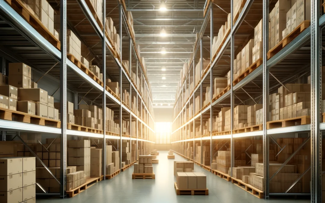 Centro de distribución moderno con estanterías metálicas pequeñas, bien organizadas y llenas de diversos productos, destacando la eficiencia y efectividad de los canales de distribución.