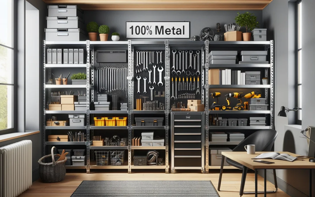 Espacio de almacenamiento bien organizado con estanterías metálicas robustas, cargadas con herramientas y objetos pesados en un garaje, y estanterías metálicas con libros y objetos decorativos en una oficina doméstica. El entorno es limpio, funcional y bien iluminado.