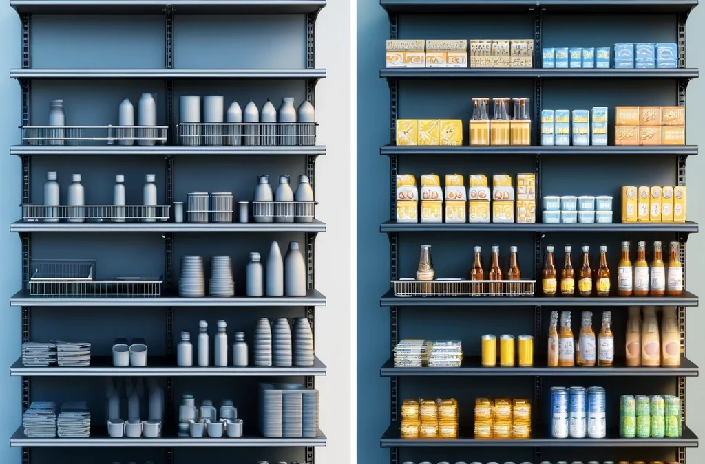 Tienda minorista bien organizada con anaqueles de metal modernos y duraderos, mostrando diversos productos de manera ordenada. El ambiente de la tienda es limpio y profesional, con iluminación brillante que mejora la visibilidad de los productos en los estantes.