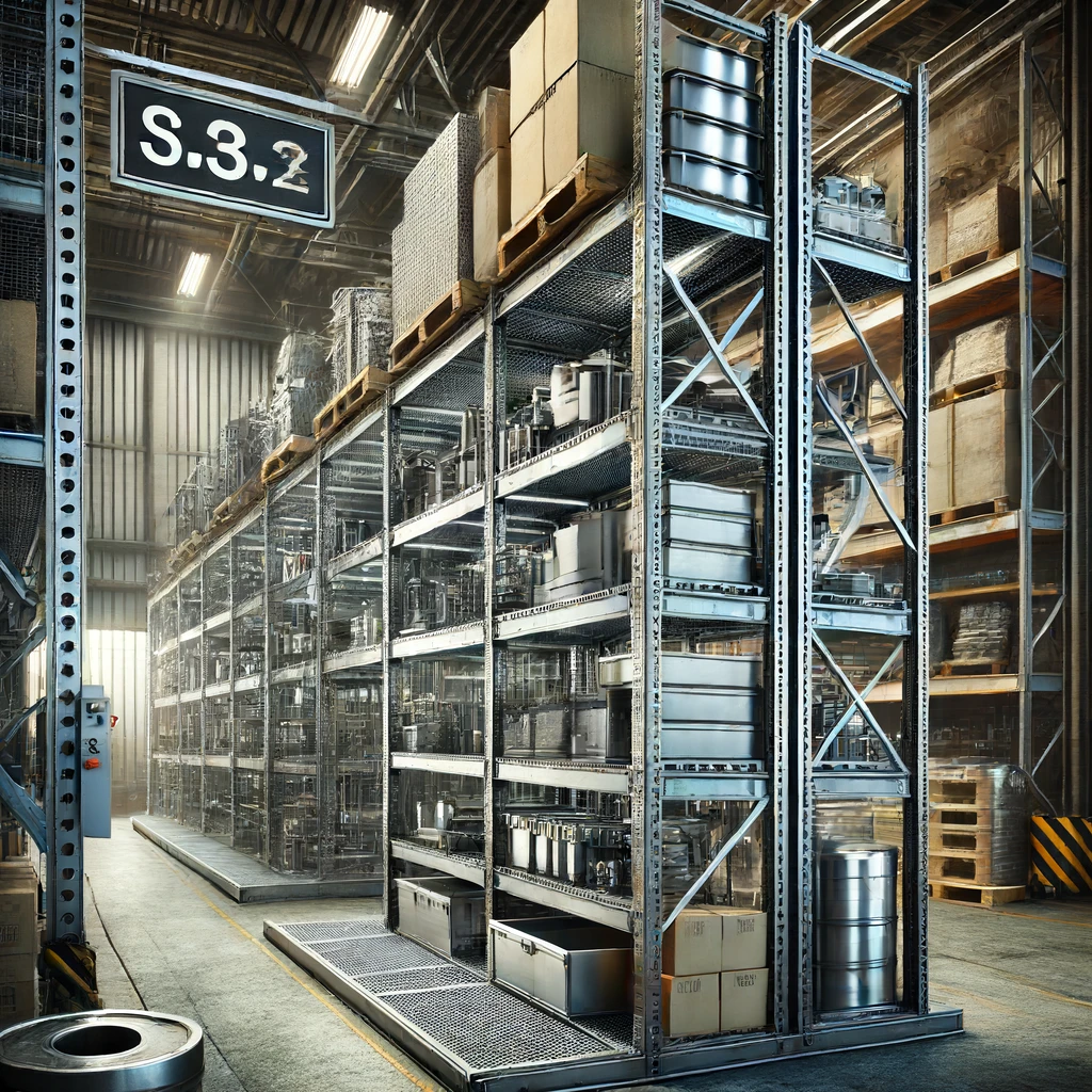 entorno de almacén industrial con estantes de acero inoxidable llenos de herramientas, piezas de maquinaria y cajas, destacando su capacidad de carga y durabilidad en un entorno funcional y bien organizado