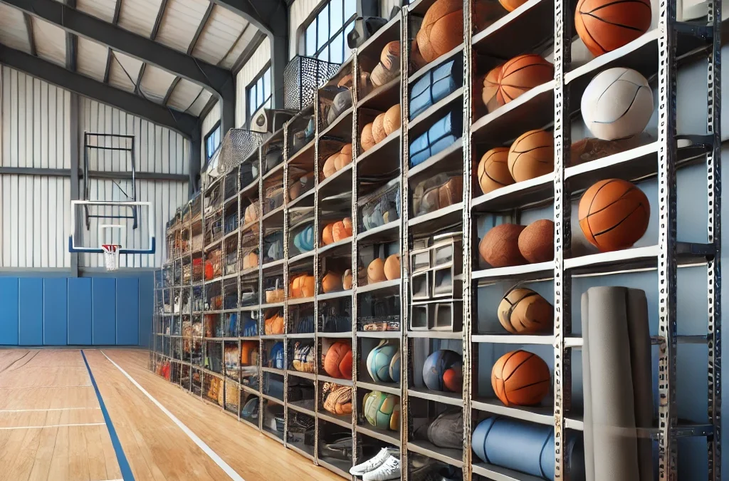 gimnasio bien organizado con estanterías metálicas que almacenan el equipo deportivo de manera eficiente.