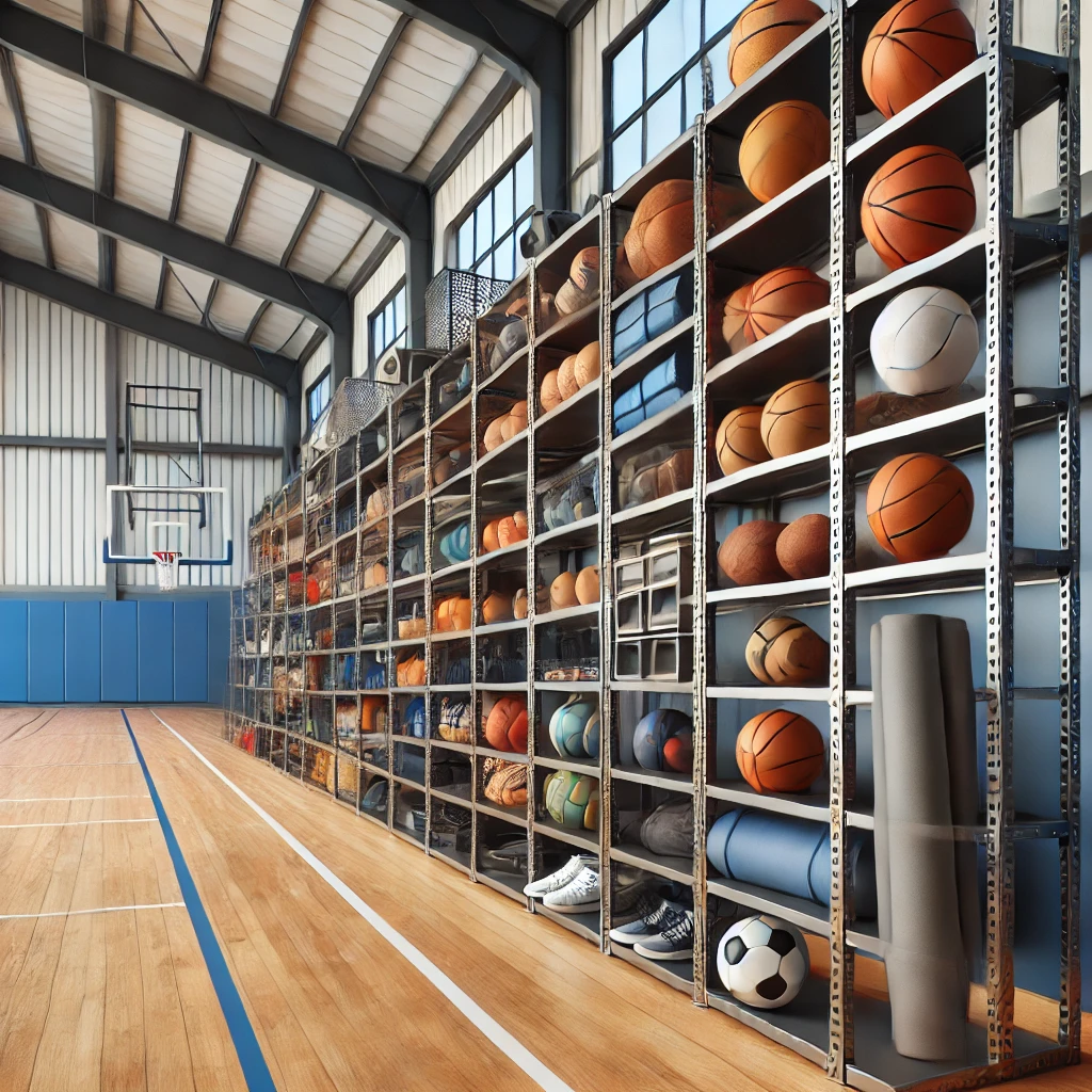 gimnasio bien organizado con estanterías metálicas que almacenan el equipo deportivo de manera eficiente.