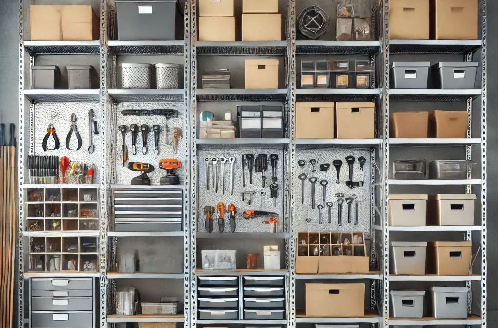 estanteria metalica en el garage con muchas herramientas y cajas